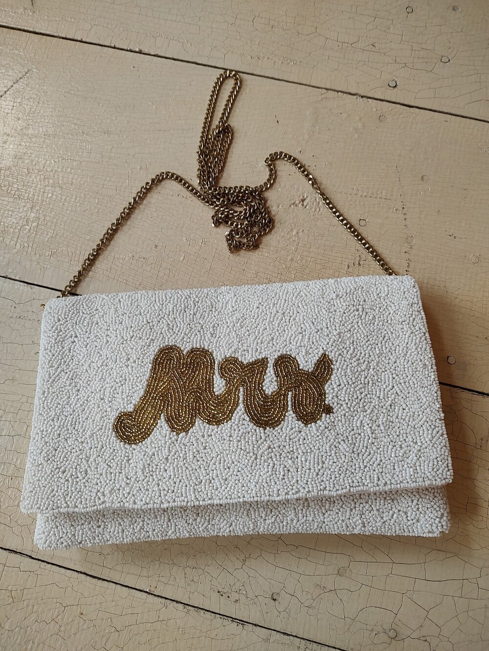 White Beaded Chain Shoulder Bag with Gold Mrs. Script Accent